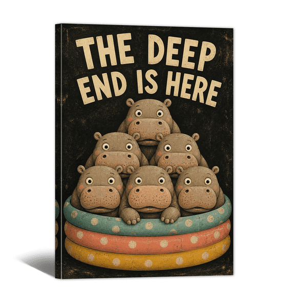The Deep End is Hear Canvas Wall Art Funny Hippo Looking You Placard Print, Whimsical Abstract Artwork Humorous Animals Painting for Home, Bedroom, Bathroom Wall Decor