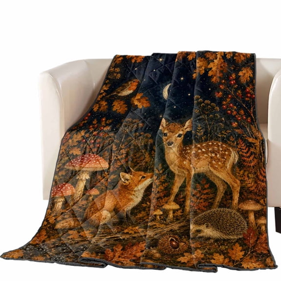 Deep Fall Forest Quilted Comforters Cooling Blanket Full Size, Spotted Fawn Fox Hedgehog Redrobin Oakbranches Vintage Cold Comfort for Hot Sleepers Lightweight Air Conditioning Quilt Blanket for Bed