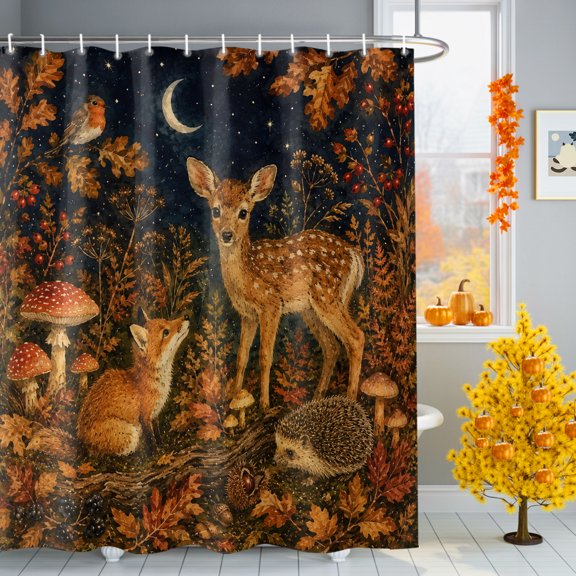 Deep Fall Forest Shower Curtain for Bathroom, Spotted Fawn Fox Hedgehog Redrobin Oakbranches Vintage Waterproof Machine Washable Shower Curtain Set with Hooks, Bath Decoration for Bathtub 36"x72"