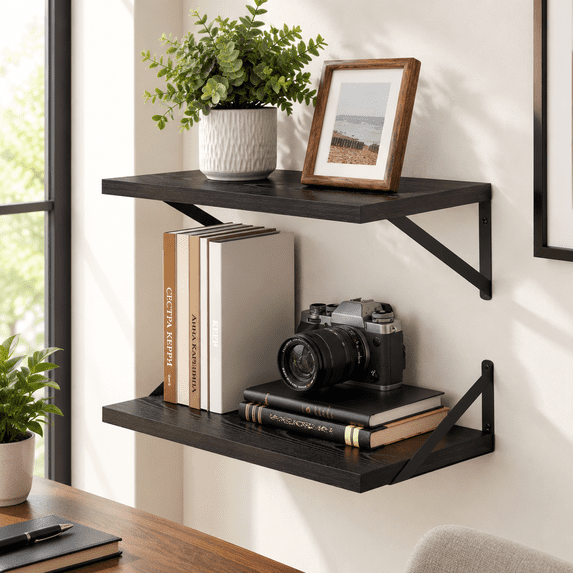 Deep Floating Shelves - 20 Inch Black Set Of 2-12 Wood Wall For Living ...
