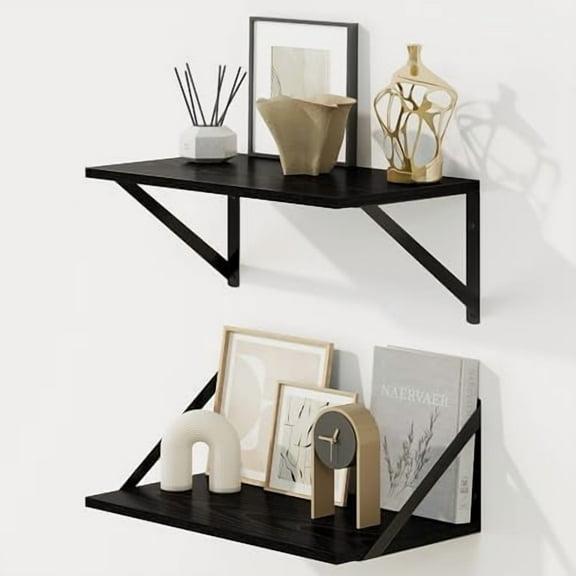 Deep Floating Shelves for Wall, 16W x 8D Wall Mounted Shelves Set of 2, Wide Display Ledge Shelf with Sturdy Metal Brackets for Living Room, Bathroom, Bedroom and Kitchen, Black