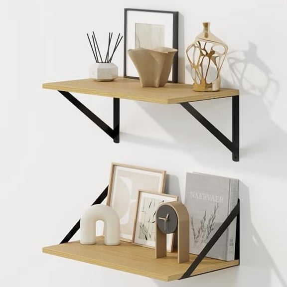 Deep Floating Shelves for Wall, 16W x 8D Wall Mounted Shelves Set of 2, Wide Display Ledge Shelf with Sturdy Metal Brackets for Living Room, Bathroom, Bedroom and Kitchen, Oak