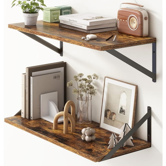 Deep Floating Shelves for Wall, 24"W x 10"D Wall Shelves Set of 2, 10 Inch Deep Floating Shelf with Brackets, Wide Display & Storage Shelves for Books, Living Room, Kitchen, Bathroom, Rustic Brown