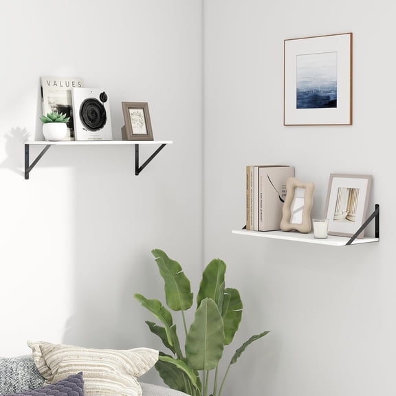 Deep Floating Shelves for Wall, 24W x 8D Wall Mounted Shelves Set of 2, Wide Display Ledge Shelf with Sturdy Metal Brackets for Living Room, Bathroom, Bedroom and Kitchen, White