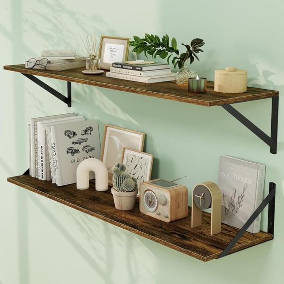 Deep Floating Shelves for Wall, 36W x 8D Wall Mounted Shelves Set of 2, Wide Display Ledge Shelf with Sturdy Metal Brackets for Living Room, Bathroom, Bedroom and Kitchen, Rustic Brown