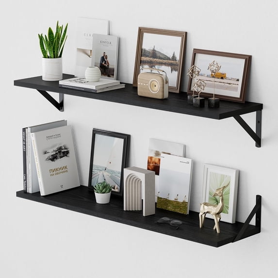 Deep Floating Shelves for Wall, 36W x 8D Wall Mounted Shelves Set of 2, Wide Display Ledges Shelves with Sturdy Metal Brackets for Living Room, Bathroom, Bedroom and Kitchen, Black