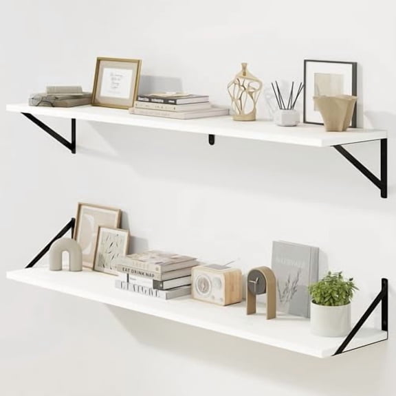 Deep Floating Shelves for Wall, 48W x 8D Wall Mounted Shelves Set of 2, Wide Display Ledge Shelf with Sturdy Metal Brackets for Living Room, Bathroom, Bedroom and Kitchen, White