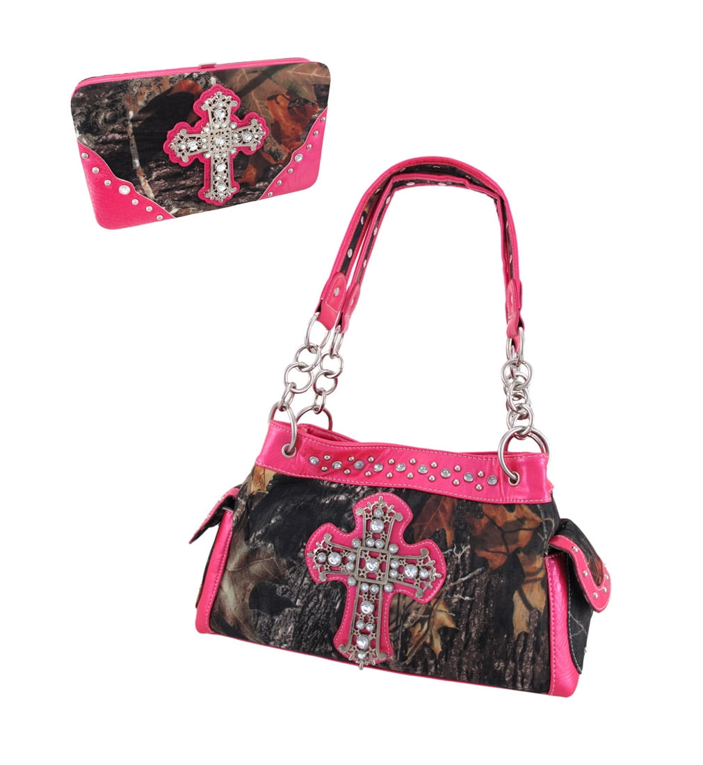 Rhinestone Cross Rose Flower Embroidery Shoulder Handbag Purse with  Matching Wallet Set in Multi Colors - Walmart.com