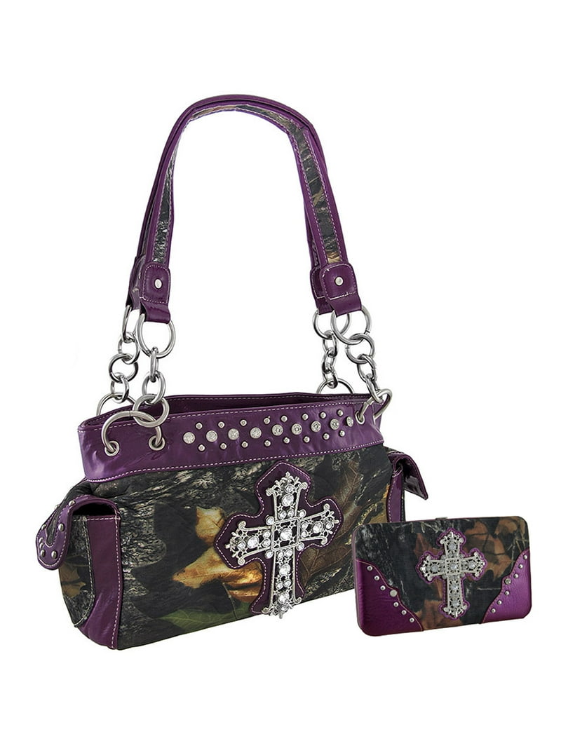 Deep Forest Camouflage Rhinestone Cross Purse/Wallet Set Purple