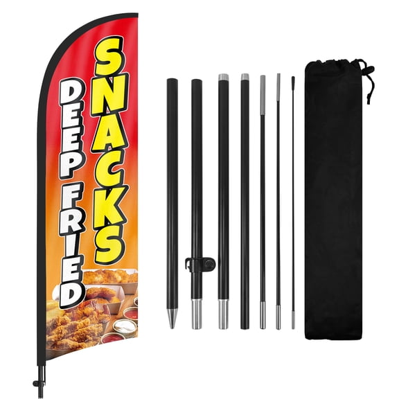 Deep Fried Snacks Advertising Feather Flags Banner 8Ft, Deep Fried Snacks Swooper Flag with Pole and Ground Stake, Advertising Feather Flag Signs for Deep Fried Snacks Business