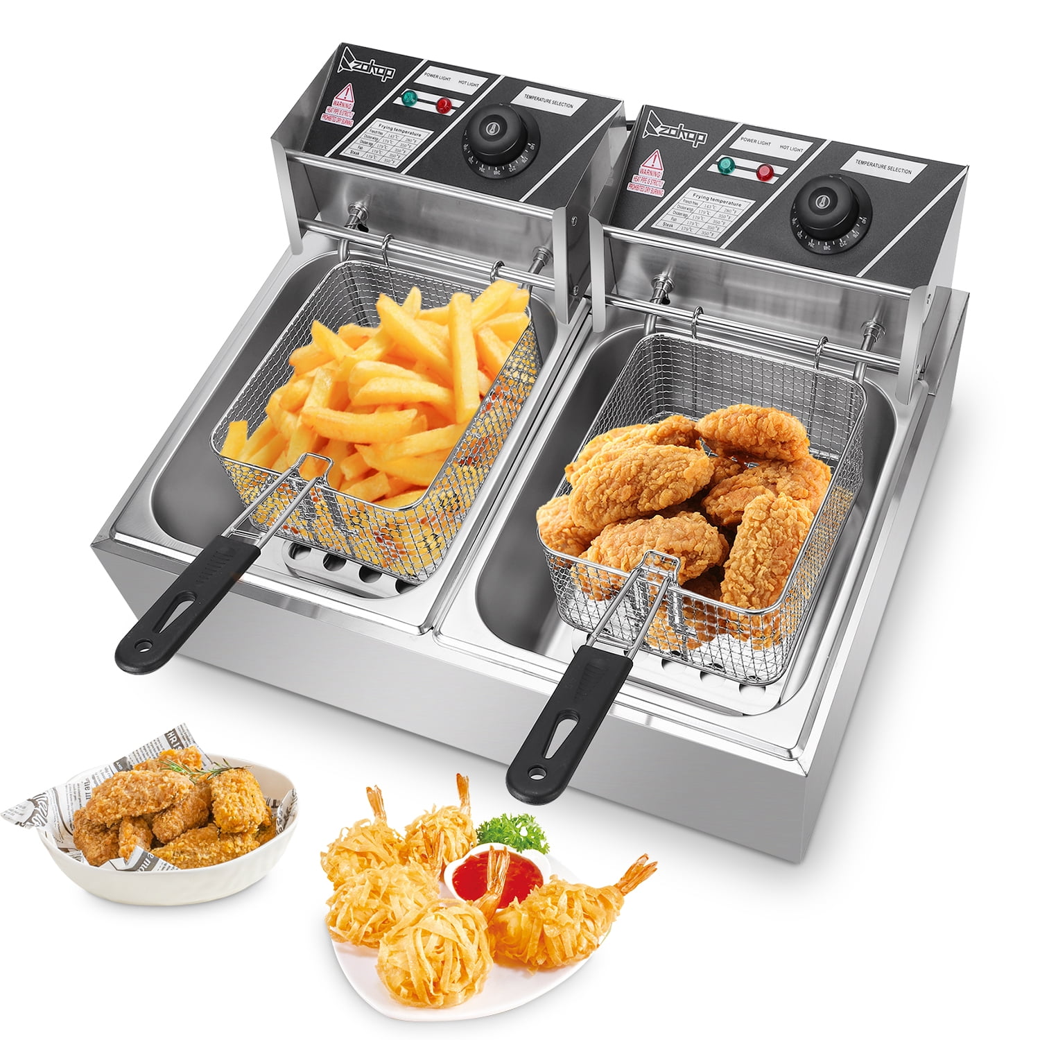 Deep Fryer, 110V, 3400W, 22.8QT/21.6L, Silver Stainless Steel, Double Tank, Adjustable Temperature