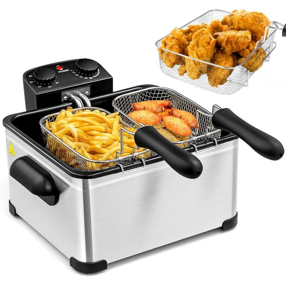 Deep Fryer with 3 Baskets, 5.3QT/5L/21-Cup Oil Capacity, Stainless Steel Fryer with Adjustable Temperature, Timer, Lid w/View Window, 1700W Electric Fryer for Kitchen Restaurant (5.3QT)
