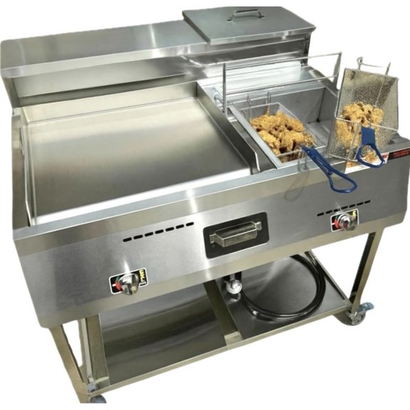 Deep Fryer and Flat Top Griddle Cart | 20" Stainless Steel Griddle | 3 Gallon Single Tank Deep Fryer | Outdoor Propane | Portable 4 Wheels | Thermometer + Cover Included | Commercial & Home