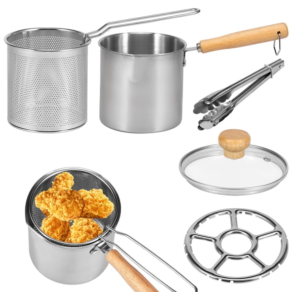 Deep Fryer Pot 304 Stainless Steel Deep Oil Fryer with Strainer Basket Handle and Lid Portable Small Deep Fryer Pot Japanese Tempura Deep Fryers for Frying Fish Shrimp Chicken