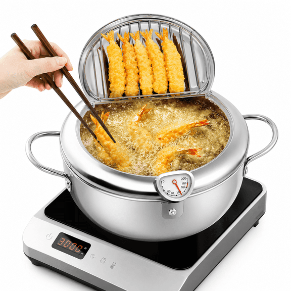 Deep Fryer Pot, 3.4 L Japanese Tempura Fryer with Thermometer & Lid, Oil Drip Rack, Small Turkey Fryer Alternative for Chicken, Fish, French Fries, Shrimp