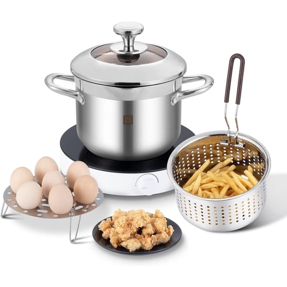 Deep Fryer Pot with Basket and Lid,4.0L/4.2QT 304 Stainless Steel Standard Capacity Multi-function Cooking Pot with Strainer Basket for Kitchen Camping