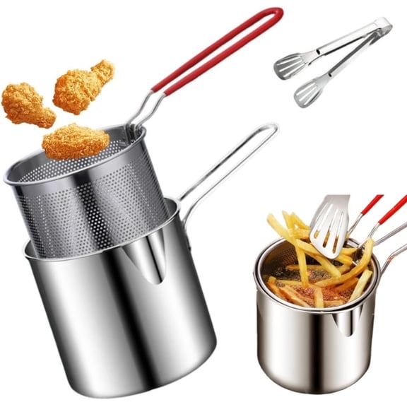 Deep Fryer Pot with Basket, Stainless Steel Chip Pan Oil Strainer 4.7Inch with Heat-Resistant Handle Frying Pots for for Kitchen, Frying, Cooking French Fries Chicken Wings