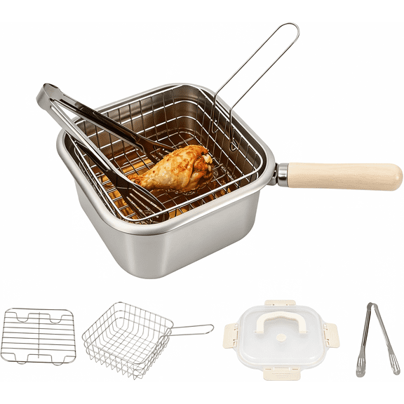 DEDRFUC Stainless Steel Deep Fryer Pot with Basket, Lid and Removable Wooden Handle for Fish, Chicken and Fries 4500 mL
