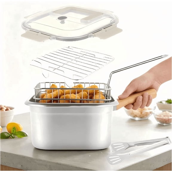 Deep Fryer Pot Stainless Steel Frying Pan with Basket and Handle Portable Square Deep Frying Pan with Lid Multifunctional Deep Fryer for Frying Fish Chicken and Fries.