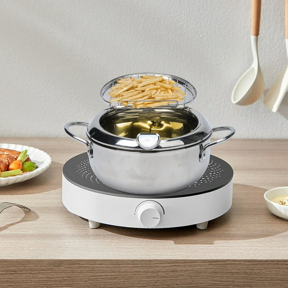 Deep Fryer Pot Stainless Steel Japanese Tempura Small Deep Fryer Frying Pot with Thermometer Lid Oil Drip Drainer Rack