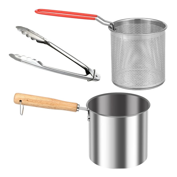 Deep Fryer Pot with Strainer Basket Stainless Steel Deep Frying Pot with Handle Lid Portable Oil Mini Fryer Reusable Deep Frying Oil Container Good Heat Conductivity for Frying Fish Shrimp Chicken