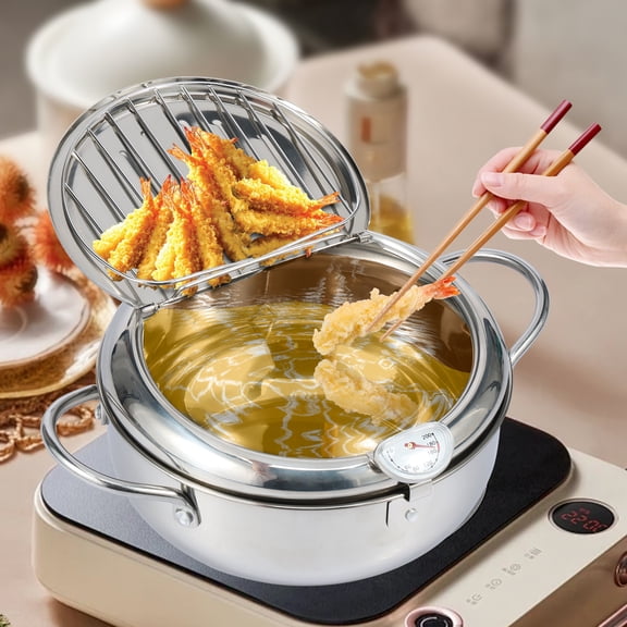 11 inch 4.2 L Deep Fryer Pot, Japanese Tempura Deep Frying Pot Stainless Steel Frying Pot with Strainer Basket, Thermometer for French Fries Shrimp Chicken Wings and Shrimp