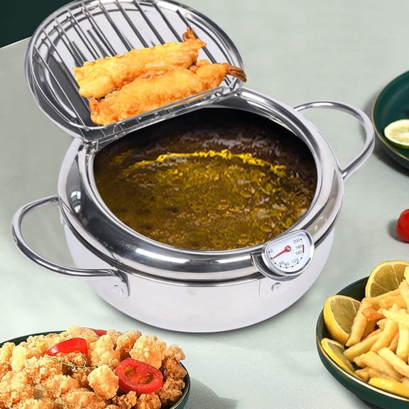Deep Frying Pot,2.2L Japanese Style Deep Fryer With Temperature Gauge,304 Stainless Steel for French Fries Shrimp Chicken Wings and Shrimp