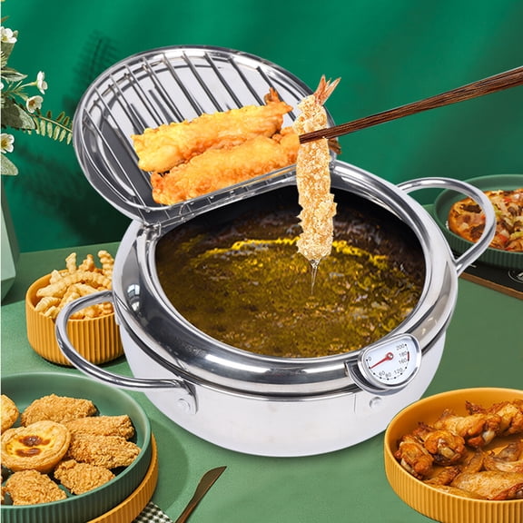 Deep Frying Pot Tempura Fryer Pan Temperature Control Stainless Steel Deep Fryer Pot Tempura Deep Frying Pot for Fried Chicken, Shrimp, French Chips