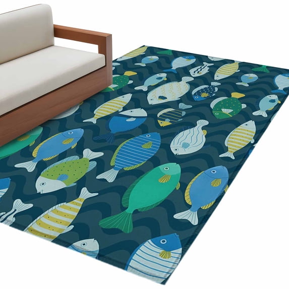 Deep Green Fishes Area Rug 3x5 Washable Rug Non Slip Cartoon Coastal ...