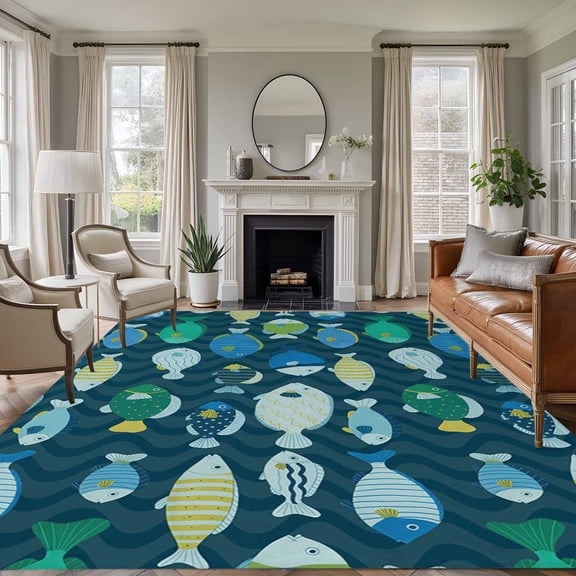 Deep Green Fishes Area Rugs 5'x8', Washable Small Throw Rugs for Classroom Bedroom, Cartoon Coastal Ocean Fish Striped Indoor Outdoor Rug Non-Slip Low Pile Carpet Runner Reversible Floor Mats