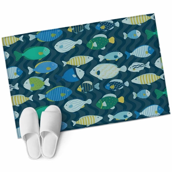 Deep Green Fishes Bathroom Rug Washable 2x3 Entryway Rug Non Slip Cartoon Coastal Ocean Fish Striped Front Door Mat Low Pile Indoor Doormat Throw Floor Carpet for Kitchen Bedroom Entrance