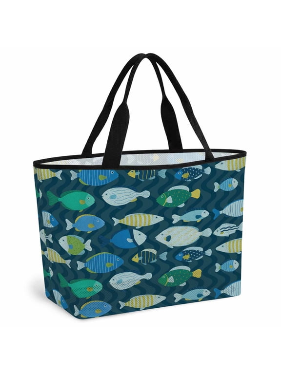 Deep Green Fishes Beach Bag for Women, Large Breathable Mesh Beach Tote Bag, Cartoon Coastal Ocean Fish Striped Sandproof Lightweight Travel Bags for Vacation Picnic Swimming Pool 15.7"x15.7"x9.1"