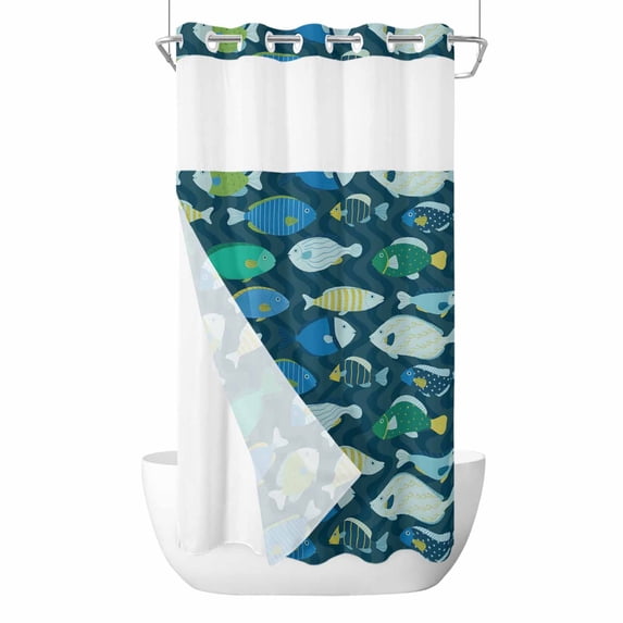 Deep Green Fishes No Hook Shower Curtain with Snap in Liner, Waterproof Fabric Shower Curtains, Cartoon Coastal Ocean Fish Striped Shower Curtain Set Top See Through for Bathroom 54"x78"