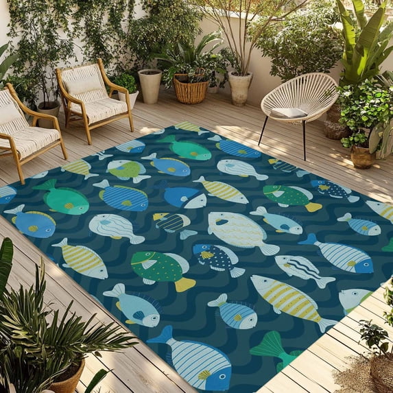 Deep Green Fishes Outdoor Rug for Patio/Deck/Porch, Non-Slip Large Area Rug 5 x 7 Ft, Cartoon Coastal Ocean Fish Striped Indoor Outdoor Rugs Washable Area Rugs, Reversible Camping Rug Carpet Runner