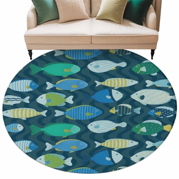 Deep Green Fishes Round Rug 7ft Washable Circle Rugs Non Slip Cartoon Coastal Ocean Fish Striped Large Area Rug Indoor Floor Carpet for Bedroom Kitchen Living Room Home Office Dining Room Nursery