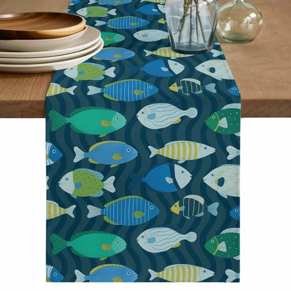 Deep Green Fishes Table Runner 90 Inches, Cartoon Coastal Ocean Fish Striped Bed Runner Dresser Scarves Tabletop for Indoor Outdoor Parties/Ceremony/Banquet, 13" x 90"