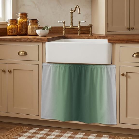 Deep Green Grey Ombre Cabinet Curtains 10"W x 11"L, Modern Abstract Art Gradient Sink Skirt for Bathroom Kitchen Self Adhesive, Desk Privacy Short Curtain for Shelves Closet Table Storage