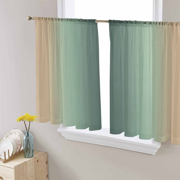 Deep Green Khaki Ombre Semi Sheer Window Curtains 54 Inches Long, Modern Abstract Art Gradient Rod Pocket Voile Silky Chiffon Curtain Treatment Drapes for Kitchen, Living Room, 52"x54", 2 Panels