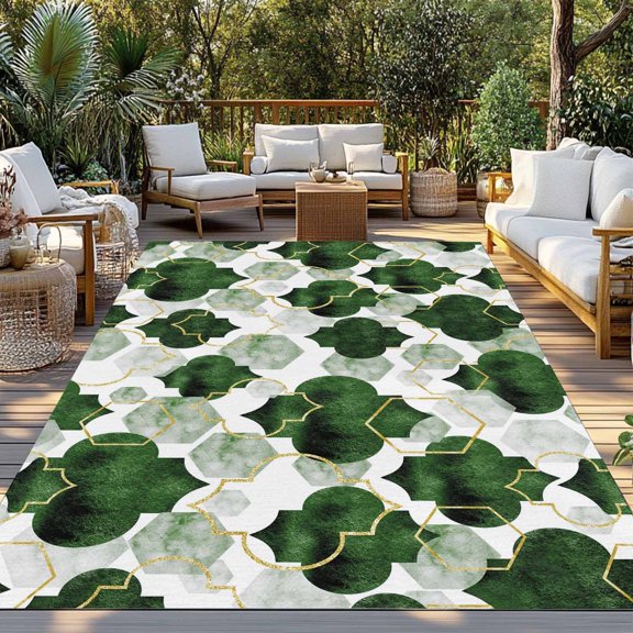 Deep Green Moroccan Indoor Outdoor Rugs 4x6 Ft, Abstract Gradient Gold Green Geometric Outdoor Patio Rugs Mat Washable Outside Area Rugs Carpet for Porch Deck RV Camping Pool Balcony Backyard