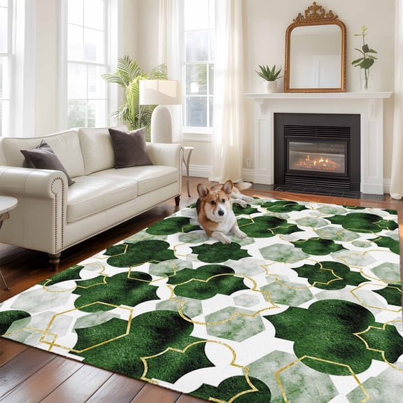 Deep Green Moroccan Large Area Rugs 8x10 ft Abstract Gradient Gold Green Geometric Washable Rug Non Slip Indoor Carpet Absorbent Floor Mat for Living Room Bedroom Dining Room