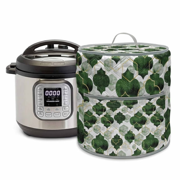 Deep Green Moroccan Rice Cooker Cover 6 Quart Abstract Gradient Gold Green Geometric Pressure Cooker Cover Appliance Protector Dust Case with Pocket and Handle for Kitchen