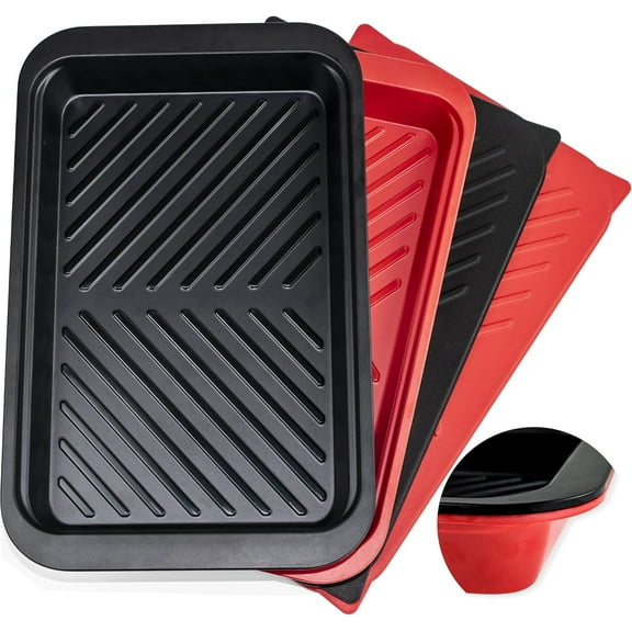 Deep Grilling Prep and Serve Trays with lid, BBQ Tray for Marinating Raw and Cooked Food, Diswasher Safe Nesting Trays Black in Red