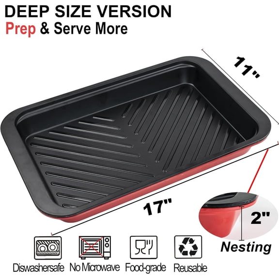 Deep Grilling and Prep Serving Tray, BBQ Trays for Raw and Cooked Food, Melamine Serving Trays for Food, Set of 2, Black and Red