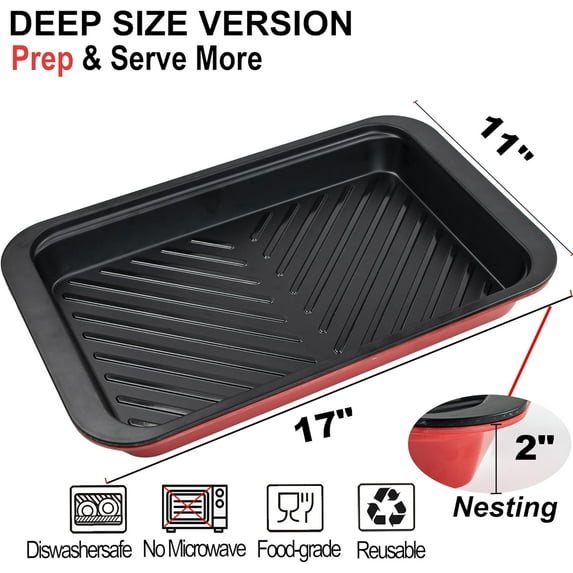 Deep Grilling and Prep Serving Tray, BBQ Trays for Raw and Cooked Food, Melamine Serving Trays for Food, Set of 2, Black and Red