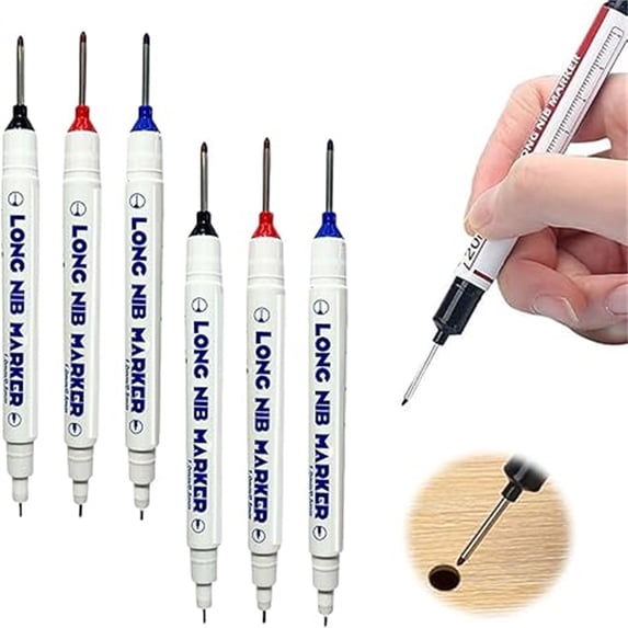 Deep Hole Marker Pens for Metal, Wood, Tile – 20mm Long Nib Screw Hole Marking Tool, Fine Point Dry Waterproof Markers for Carpentry, DIY, Construction (2 Pack)