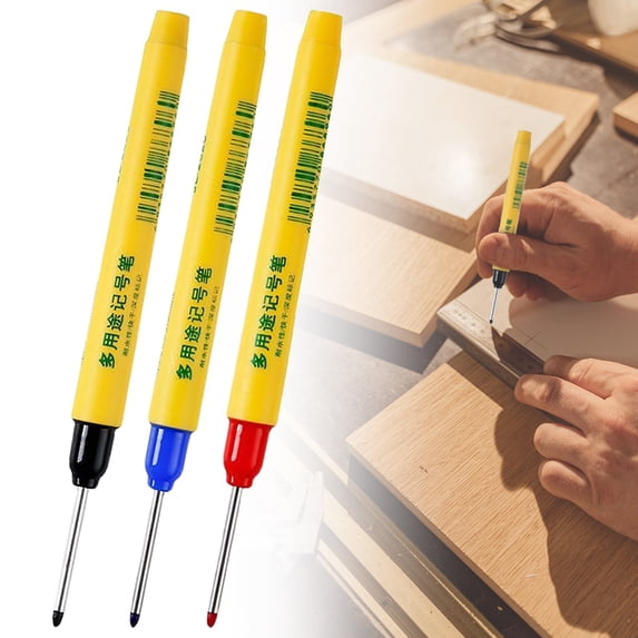 Deep Hole Marker Set, 3 Pack Long Nose Permanent Markers, 33mm Long Tip Waterproof Construction Marker Pens for Woodworking, Metal, Glass, Industrial Carpenter Marking Tool, Black Blue Red