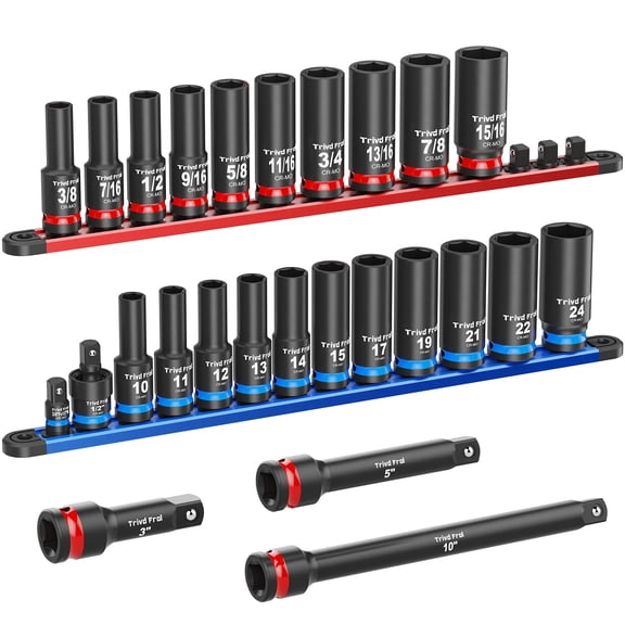 Deep Impact Socket Set 1/2" Drive - 26pcs Socket Set Metric and Standard Full with Magnetic Socket Organizer, CR-MO Metric Socket Set 10-24mm & SAE Socket 3/8"-15/16", Extensions, Adapter