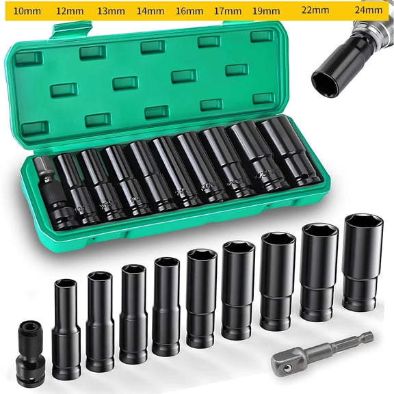 Deep Impact Socket Set 1/2 Inch, 10Pcs Deep Impact Socket Set 10mm - 24mm, Metric, 6 Point, with Impact Driver Socket Extension Bar for Home Car Repair