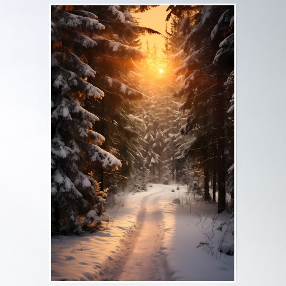 Deep In The Forest, Snowy Winter Woodland Path Surrounded By Trees Photography, Sunrise Poster Wall Art, Modern Wall Decor, 12x18 UNFRAMED