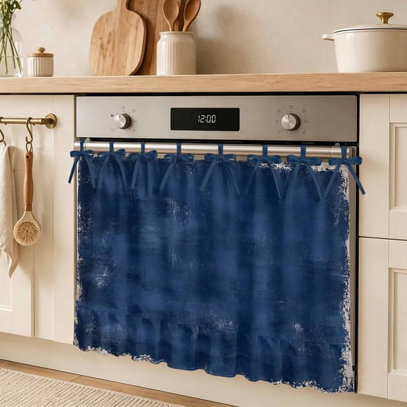 Deep Indigo Slate Oven Skirt Curtain, Navy Faded Chalky Scratch Distressed Margin Wash Tie Top Tier Curtains Stove Dishwasher Skirt Small Window Drapes for Kitchen Bathroom Cafe 30"x21.5"